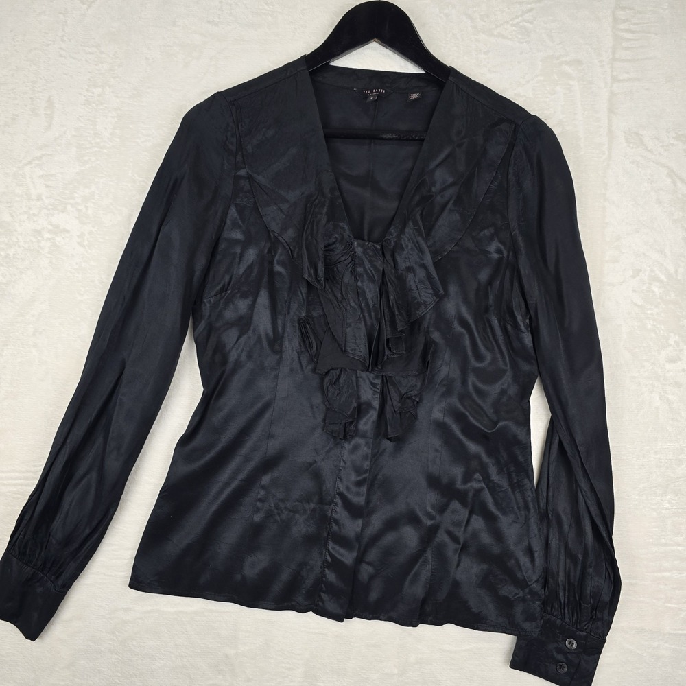 Ted Baker London Women's Size 2 Black Satin Ruffle Front Long‎ Sleeve Blouse